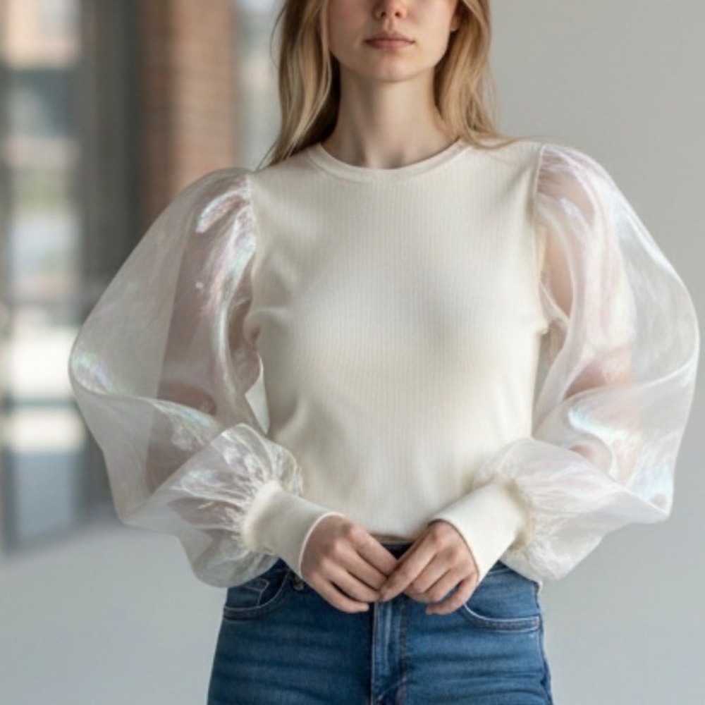 Sheer Organza Sleeve Going Out Top White Shimmer Ethereal Fairycore Boutique M